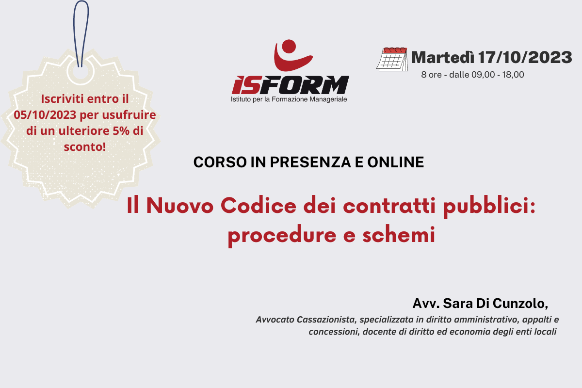 17/10/2023- Corso: Il Nuovo Codice dei contratti pubblici: procedure e